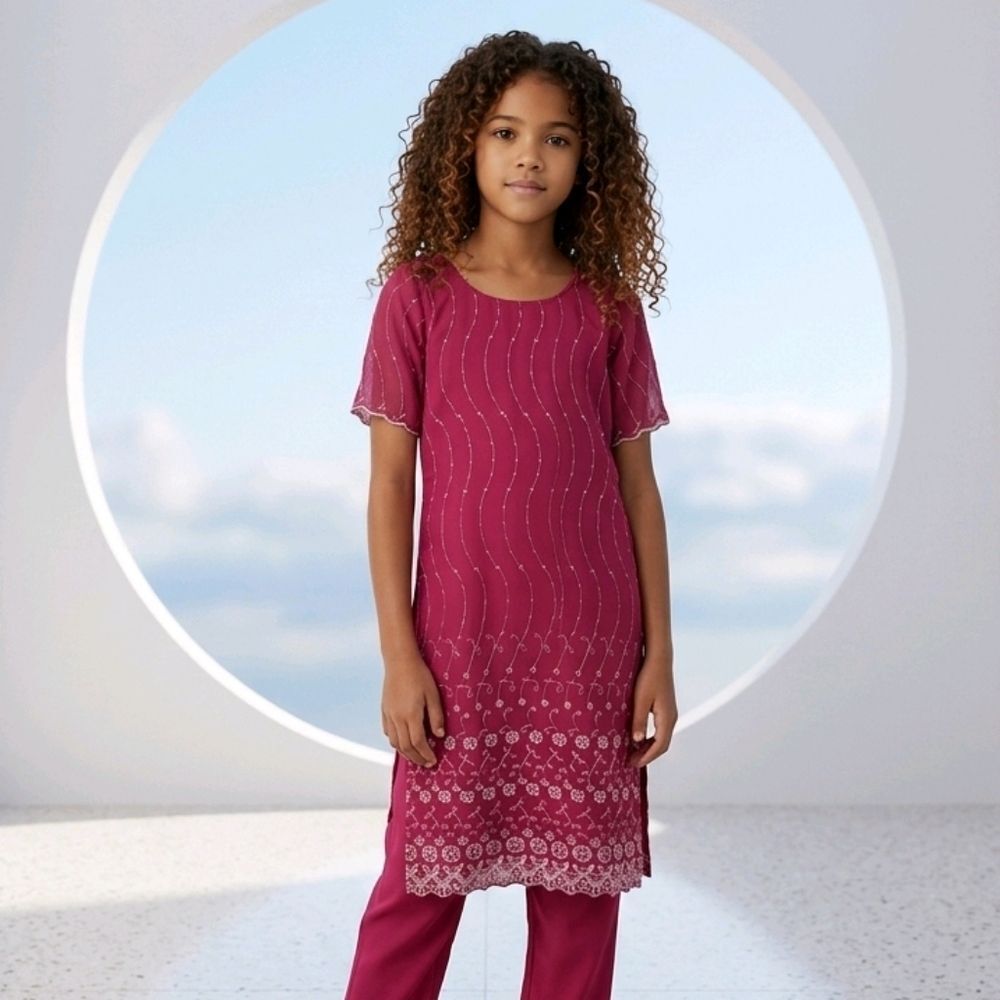 Girls M 6/8 Pink Embroidered Silk Chiffon Kameez Indian Pakistani Kurta Tunic